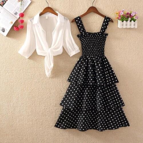 2pcs/set Women 2020 Summer Fashion Short Sleeve Shirt And Casual Slim Dot Print Ruffles Sling Cake Dress 2 Piece Set Outfit Y179