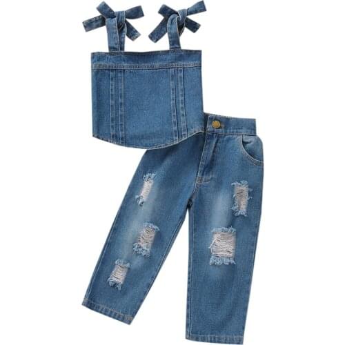 2021 1-6Y Fashioin Kids Baby Girl Denim Clothing Set Bow Bandage Sleeveless Blue Solid Top Vest+Holes Long Pants Summer Outfits