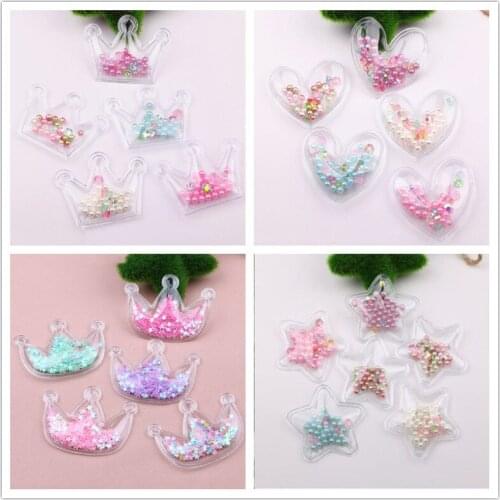 3pcs/Lot Transparent Palstic Kawaii Crown Star Heart Patch Sticker Button with Glitter Beads Decor DIY Hair Jewelry Clip Garment