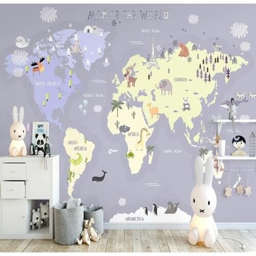 Custom 3D Wall Mural Cartoon World Map Animal Wallpaper Childrens Bedroom Indoor Background Wall Decor Papel De Parede Infantil