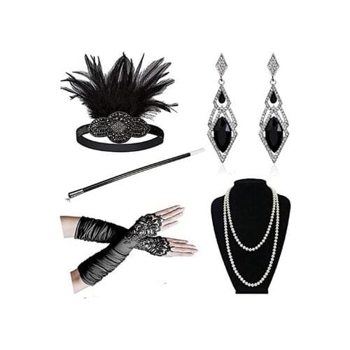 5pcs 1920s Great Gatsby Theme Party Costume Accessory Set Vintage Flapper Dress Accessory Women Glove Hair Jewelry