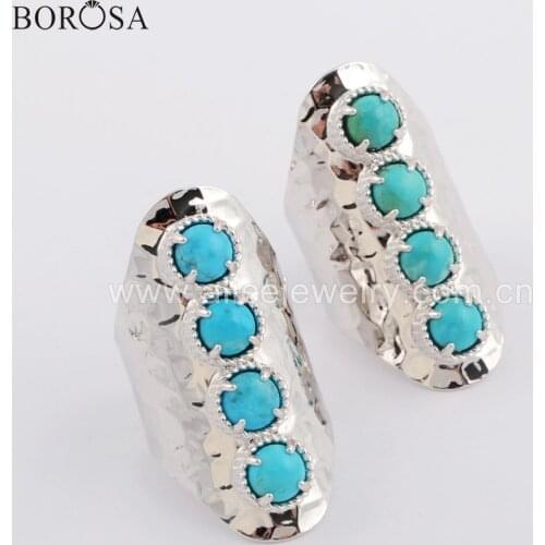 BOROSA 5PCS Fashion Silver Plated Bezel Round Four Natural Turquoises 6mm Stone Claw Band Ring Natural Jewelry for Wholesale