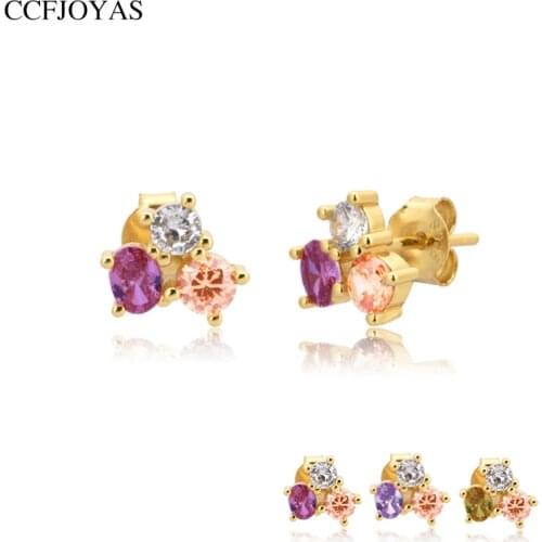 CCFJOYAS Minimalist Cute Purple/Rose red Zircon Stud Earrings for Women 925 Sterling Silver Needle Earrings Fashion Jewelry