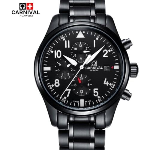 Switzerland CARNIVAL Diving Watch 100m Waterproof Automatic Mechanical Watches Sapphire Calendar Luminous Steel Pilot Watch Men