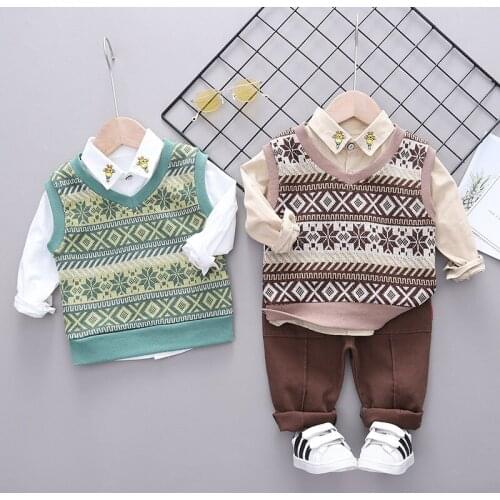 Children Cotton Clothes Baby Boy Spring Autumn Lattice Shirts Sweater Vest Blouses Pants 3Pcs/Sets Infant Kid Fashion Toddler