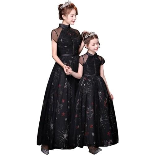 Mother Daughter Wedding Ball Dress Princess Black Tutu Dress Mom and Daughter Clothes Embroidery Flower Matching Family Outfits