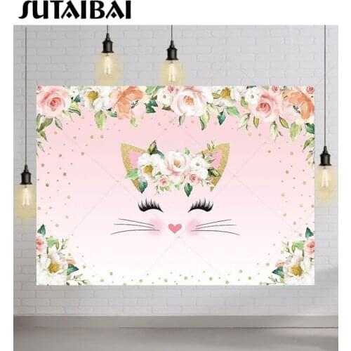Cute Pink Cat Photography Backdrop Baby Shower Girl Birthday Party Decoration Banner Flower Floral Background Photobooth Props