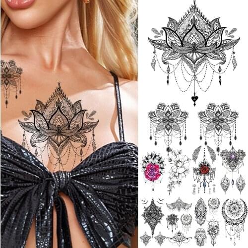Henna Flower Fake Jewelry Realistic Tattoo Stickers For Women Lady Girls Sexy Pendant Lace Mehndi Tattoos Unique Body Art Tattoo