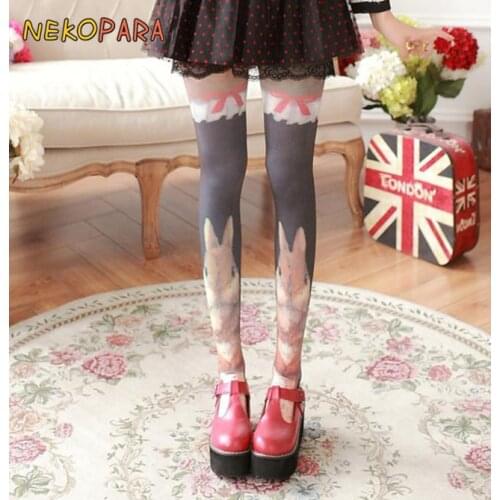 Oil Paiting Rabbit Bow Kawaii Womens Lolita Velet Tights Cute Harajuku Pantyhose Vintage Spring Thin
