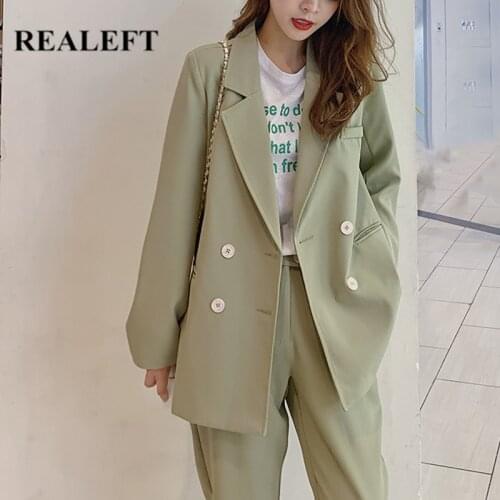 REALEFT Autumn Winter New 2020 Green Womens Pant Suits Double Breasted Notched Blazer & Pant Office Wear Suit Female Set