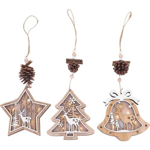 Creative Five-pointed Star Tree Bell Shape Holiday Decoration Christmas Wooden Luminous Elk Hanging Pendant