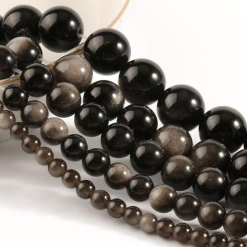 AA Natural Stone Silver Color Obsidian Round Loose Beads For DIY Jewelry Making Bracelets Accessories 15Inches 4/6/8/10/12MM