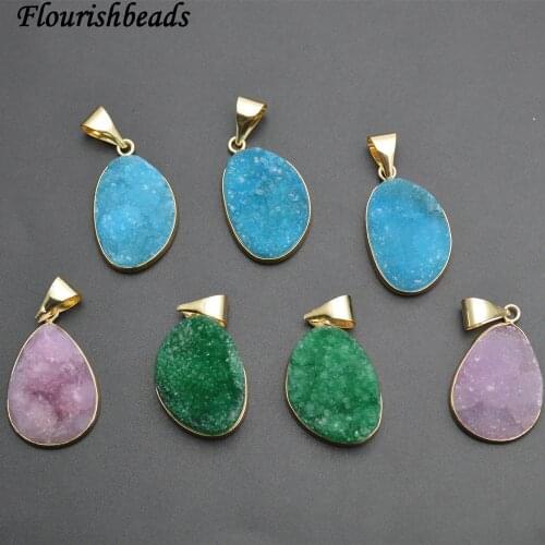 Mix Bright Color Drusy Quarte Flat Oval Stone Pendants Fit Necklace Making