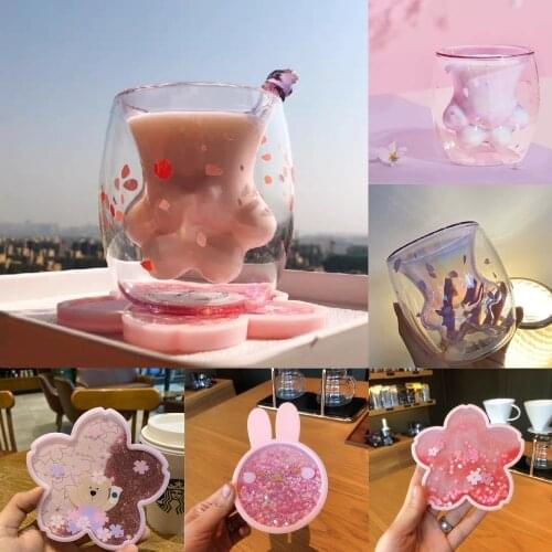 Cute Sakura Cat Paw Claw Cup Floral Cherry Double Layer Glass Coffee Milk Mug Cartoon Transparent Kawaii Best Gift