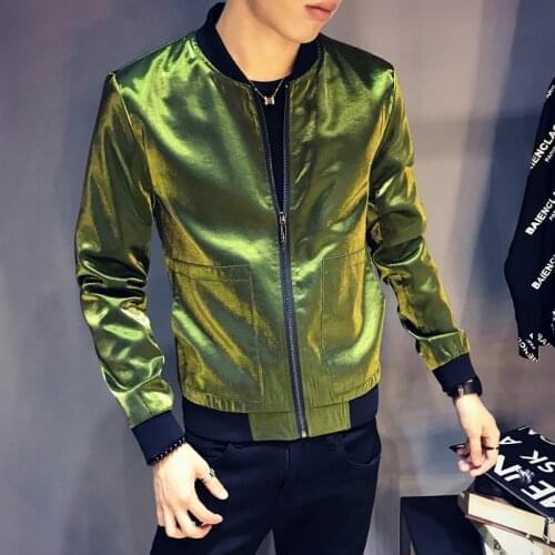 Fancy DJ Club Outfit Bomber HommeShinny Black Blue Silve Green Jacket Slim Fit BomberJacket Men Sharp Jaquetas Masculino