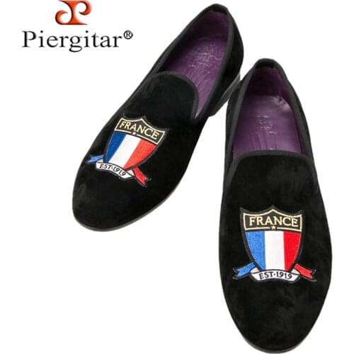 Piergitar Handmade Embroidery Of Four Powerful Football Countries In The World Cup Genuine Leather Sole Men Velvet Loafers Flat