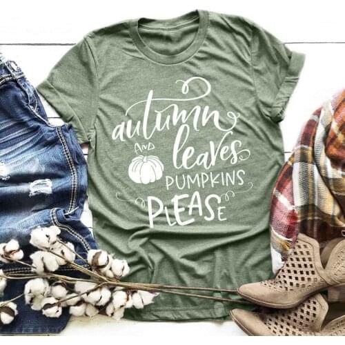 New Fashion Women Autumn Leaves And Pumpkins Please Graphic T-shirt Aesthetic Tumblr Slogan Tee Top Stylish O-Neck Fall T Shirt