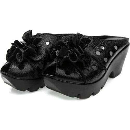 2020 New Summer Thick Bottom Slope with High Heel Slippers Genuine Leather Sandals Flowers Hollow Women Shoes Fashion Sandals