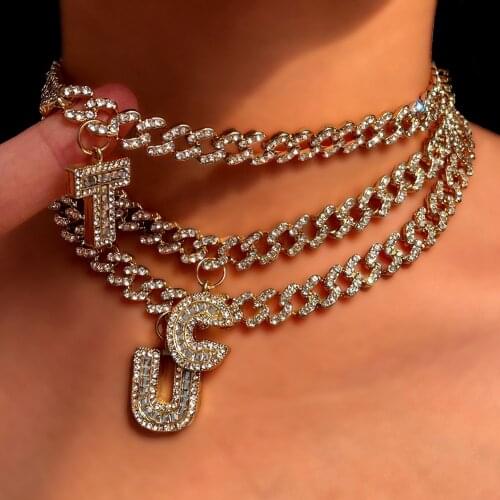New 26 Initial Letter Pendant Necklace for Women Men Iced Out Rhinestone Cuban Link Chain Alphabet Name Choker Necklace Jewelry