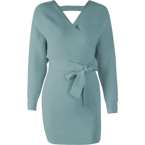 Fashion Womens Winter Dress Long Sleeve V-Neck Casual Midi Dress Green Loose Large Dresses Ladies Vintage Cocktail Party Dress