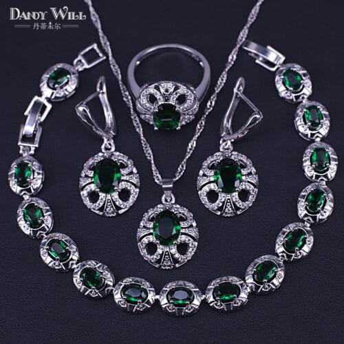Russian Style Green Stone White Zircon Silver Color Jewelry Set For Women Bracelet Pendant Necklace Earrings Ring Gift