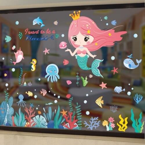 [shijuekongjian] Mermaid Girl Wall Stickers DIY Seagrass Fish Wall Decals for Kids Room Baby Bedroom Bathroom House Decoration