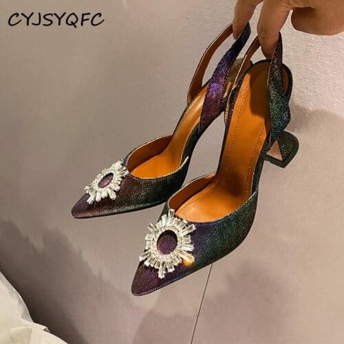 CYJSYQFC Women Pumps Silk Satin Pointy Toe Rhinestone High Heels Shoes Sexy Crystal Sumflower Party Wedding Slingback Sandals