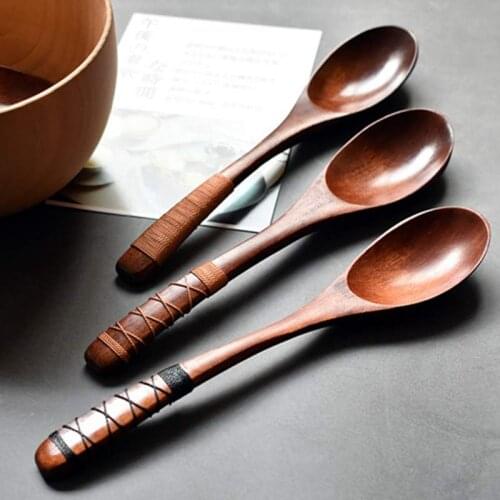 Vintage Style Kids Spoon Wooden Non-slip Long Handled Spoon Soup-Teaspoon Wood Rice Soup Dessert Spoon Tableware