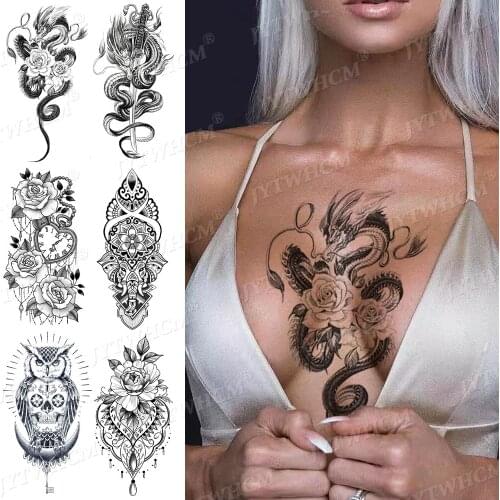 Chest Large Size Arm Temporary Tattoo Stickers Black Snake For Woman Men Owl Flower Waterproof Body Art Legs Dark Tribal Tattoos