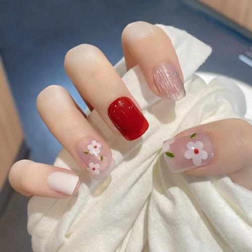 High Quality Short Nail Pieces 24 PCS Adhesive Jelly Fake Nail Piece Flower Pattern Flat Tip Manicure for Nail Salon Art DIY