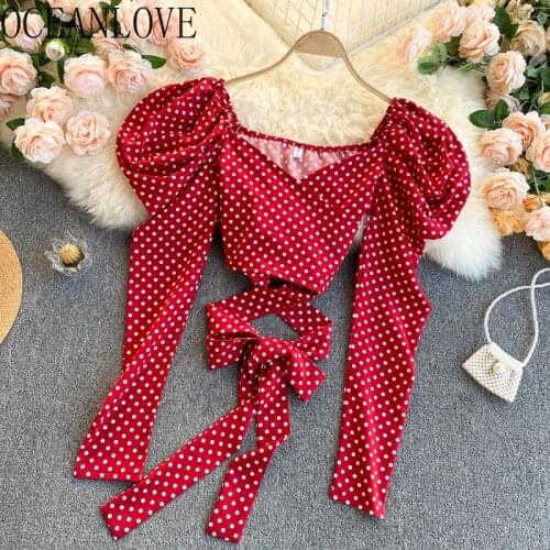 OCEANLOVE Elegant Polka Dot Irregular Drawstring Slim Waist Womens Blouse 2021 Spring Long Sleeve Square Collar Blusas Mujer