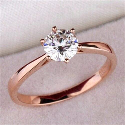 Rose Gold Six Claw CZ Round Cut 1.2 Carat 6mm Wedding Ring Crystals Wholesale For Women
