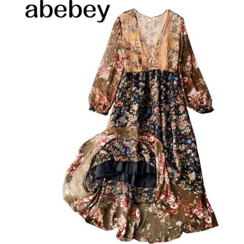 Women Chic Fashion Floral Print Chiffon Midi Dress Vintage V Neck See Through Sleeves Female Dresses Vestidos Mujer