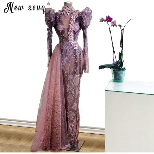 Muslim Purple Luxury High Neck Evening Dresses Gowns 2021 Puff Sleeves Mermaid Elegant For Women Party Dress Handmade Custom