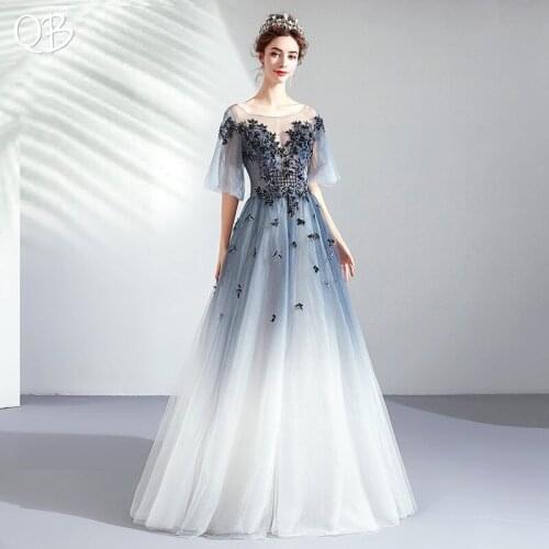 Blue A-line Floor Length Tulle Appliques Lace Beading Vintage Evening Dresses 2020 New Fashion Bride Party Prom Dress XH399