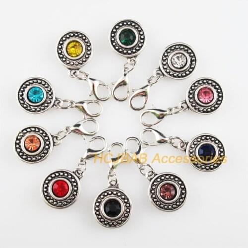 10 New Spots 13.5x17mm Charms Mixed Round Crystal Tibetan Silver Plated Retro With Lobster Claw Clasps