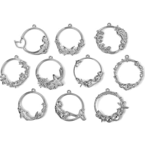 10pcs Ocean Pendants Setting Open Bezel Blank Frame Alloy Round Pendants Charm For Necklace Keychain DIY Resin Jewelry Making