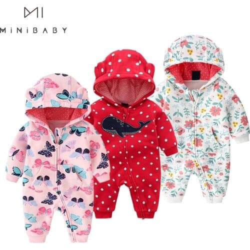 2021 Autumn Baby Girl Romper Winter Cotton Clothes With Zipper Flower Jumpsuit Newborn Cute Infants With Hooded Princess Outfits