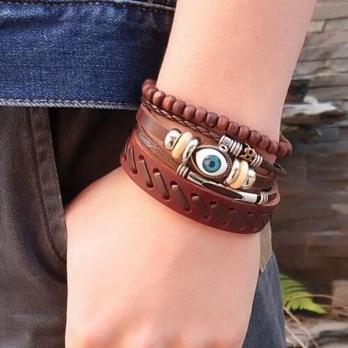 4pcs(3pcs) 1Set Punk Multi-layer Eye Bracelet Mens Womens Leather Bracelet Unisex Retro Rudder Accessory Wholesale
