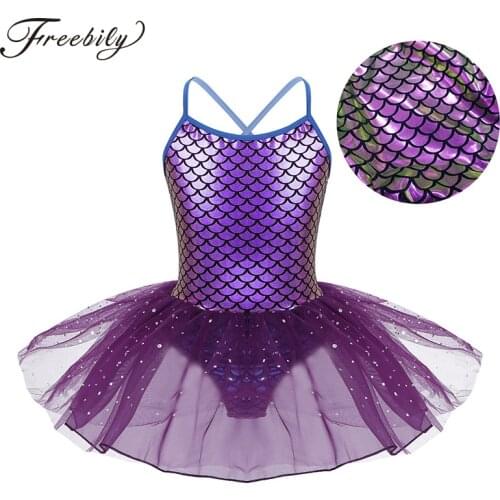Tutu Ballet Dress for Girls Glitter Mermaid Costume Spaghetti Straps Scales Pattern Printed ballerina dress kids stage dancewear