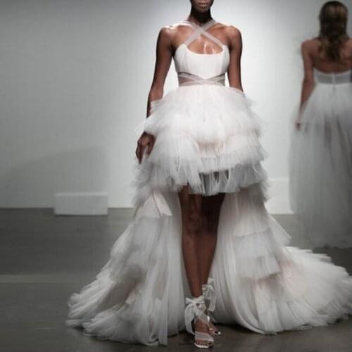White Ruffle Hi Low Asymmetrical Bridal Wedding Formal Tulle Skirt Prom Party Skirt With Train Fashion Tiered Tulle Long Skirts