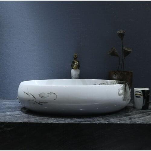 Big Chinese Ink And Wash Lotus Classical Artistic Bathroom Sink
