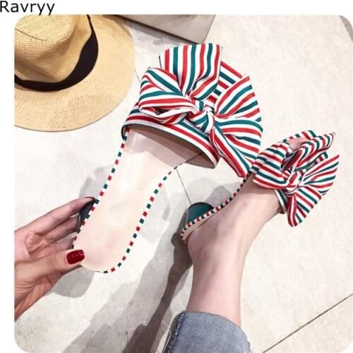 Red Green mixed color Striped designer woman summer sandals retro style bowknot decor open toe slippers slip-on flat female shoe