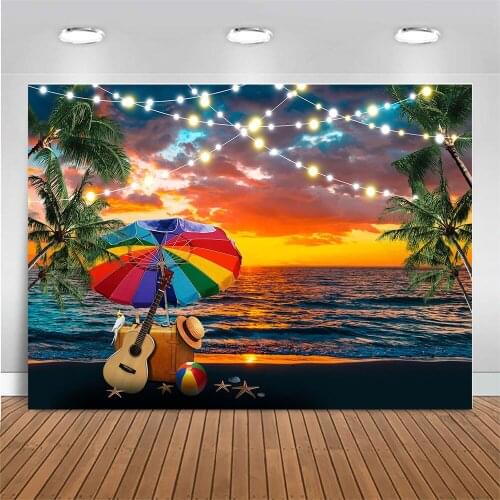 Natural Scenic Colorful Sky Sea Light Palms Tree Guitar Starfish Photo Backdrop Photography Background Photo Studio Photocall