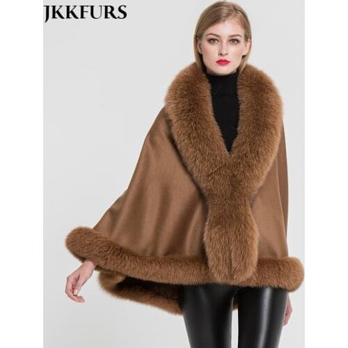 JKKFURS Womens Poncho Genuine Fox Fur Collar Trim & Cashmere Cape Wool Fashion Style Autumn Winter Warm Coat S7358