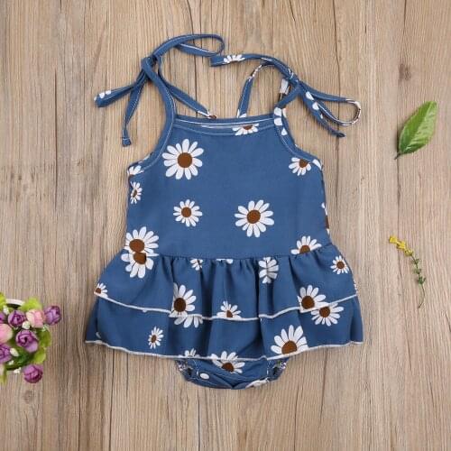 Newborn Baby Girls Rompers Dress Daisy Flower Printed Tie Up Sling Sleeveless Ruffle Layered Jumpsuits Headband