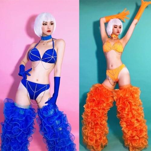 Bar Nightclub Leading Dancer Team DJ Gogo Dance Costume Sexy Blue Orange Rhinestones Bikini Leg Cover Outfits Rave Party Costume
