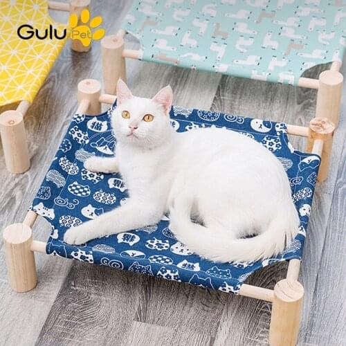 Summer Pet Cat Breathable Hammock Bed Wooden Removable Washable Cooling Puppy Camping Bed Cotton Hemp Pet Bed