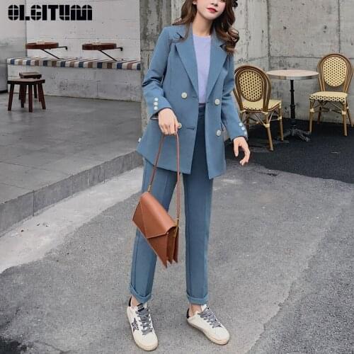 Fashion Casual Women Blazer Suits Long Sleeve Double- breasted Blazer Pants Suit Office Ladies Two-piece Blazer Sets 2020 Autumn