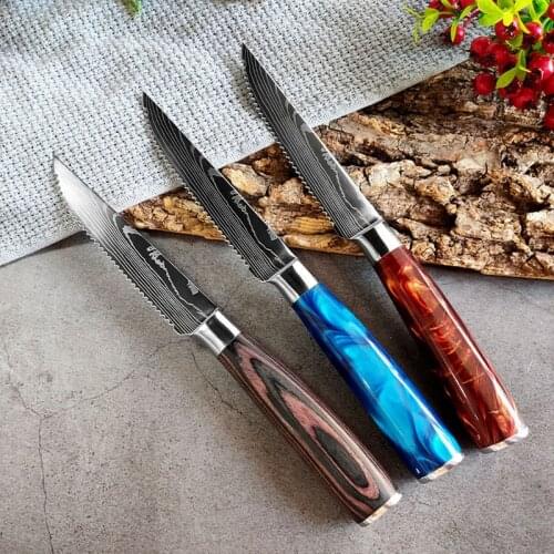 Steak Knife Set Damascus Pattern Stainless Steel Serrated Knife Beef Cleaver Multipurpose Restaurant Cutlery Table Pocket Knife